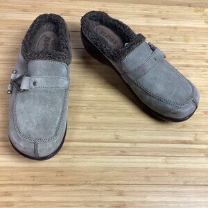 Klogs Womens Clogs Gray Suede Faux Fur Trim Slip On Wedge 11M